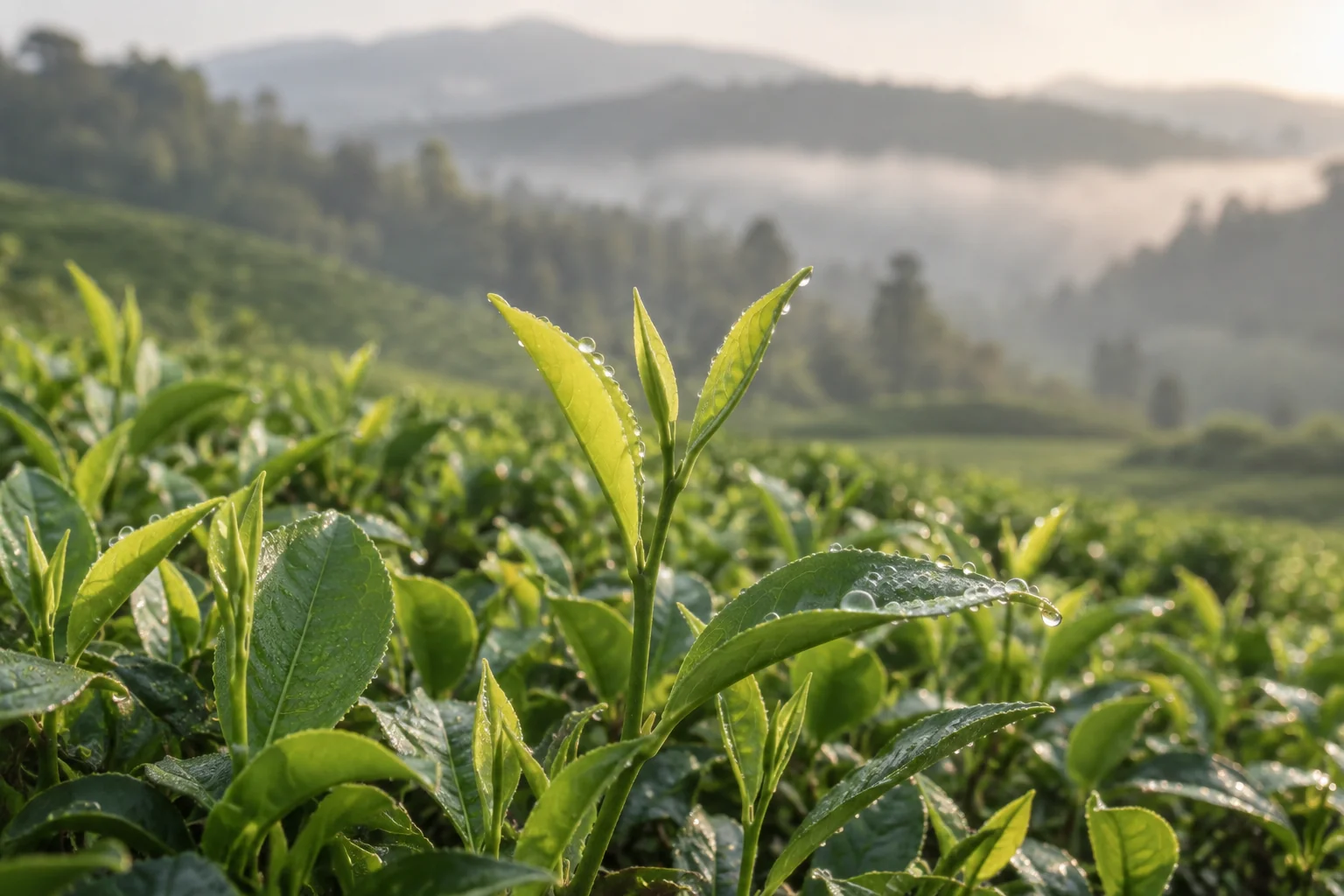 晨露中的茶树鲜叶意境,非品牌茶园实景