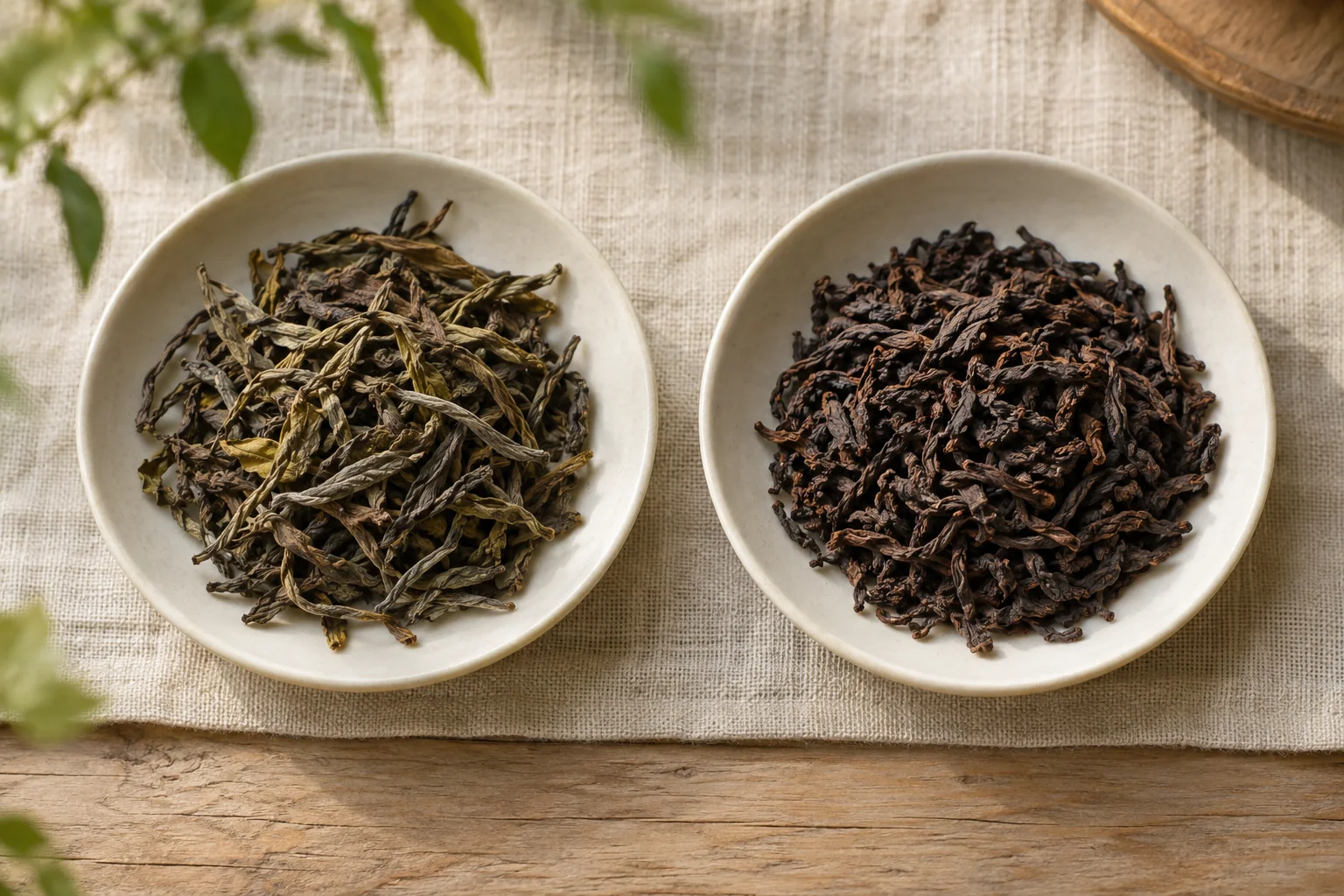 生茶与熟茶干茶对照示意,左侧生茶右侧熟茶
